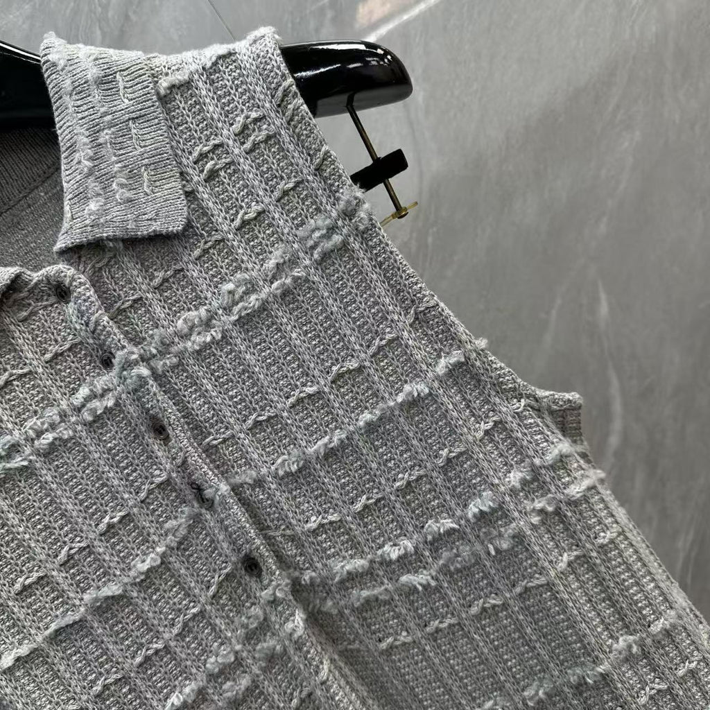 Thom Browne Style Gray Tweed Jacquard Sleeveless Polo Dress