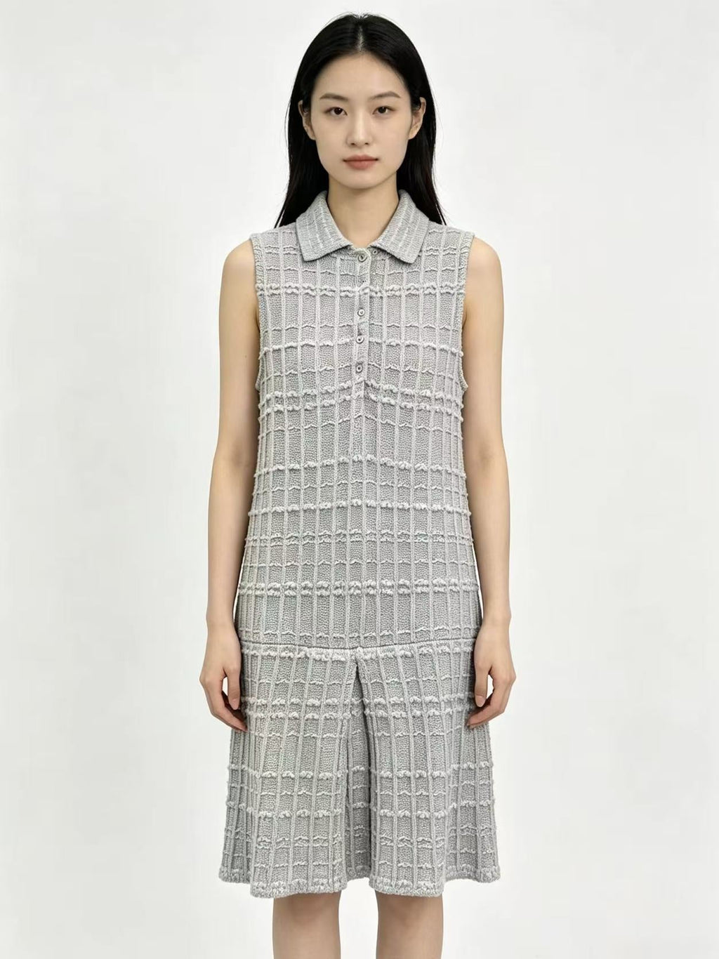 Thom Browne Style Gray Tweed Jacquard Sleeveless Polo Dress