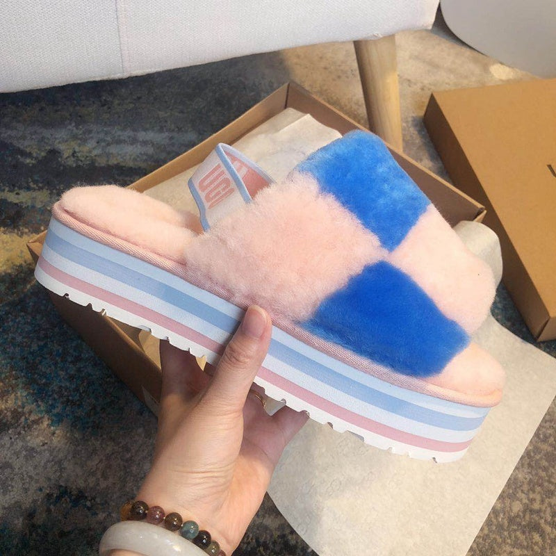 Pink Color-Block Fluffy Platform Sandals — New Arrival | In Stock