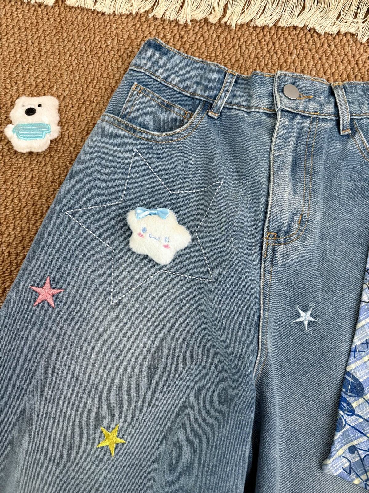 Bear Star Embroidery Plaid Scarf Wide Leg Denim Capri Pants