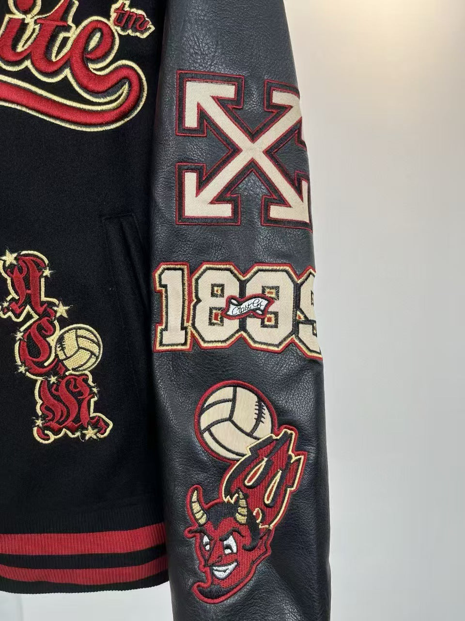 Off-White Cartoon Devil Graphic Varsity Jacket Unisex