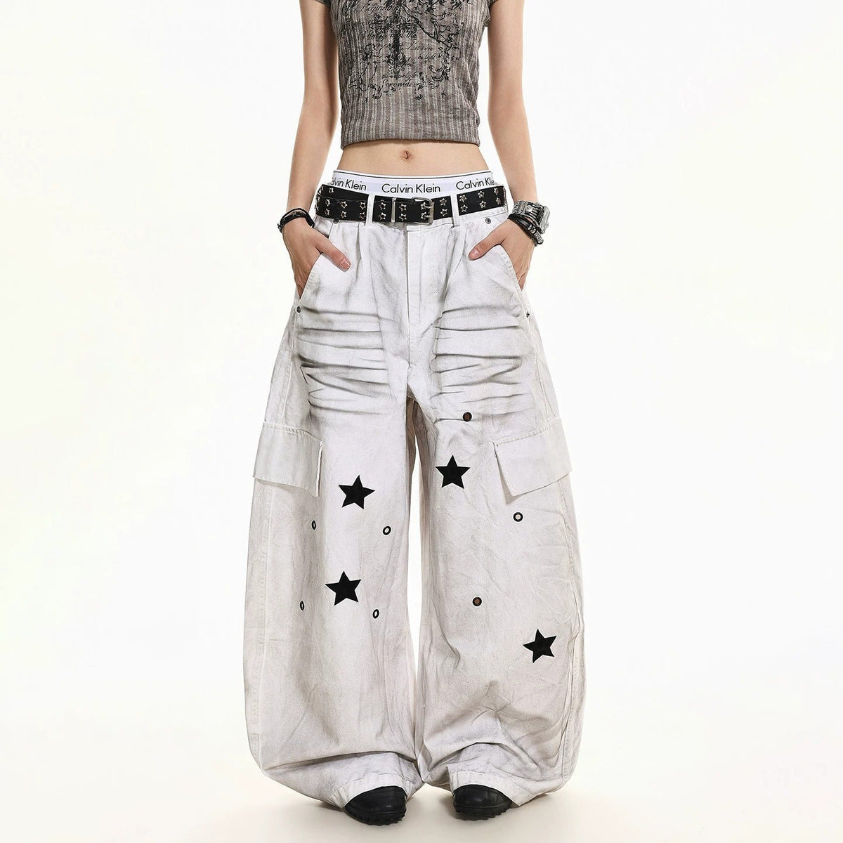 Y2K Vintage Big‑Pocket Curved Baggy Wide‑Leg Jeans Streetwear