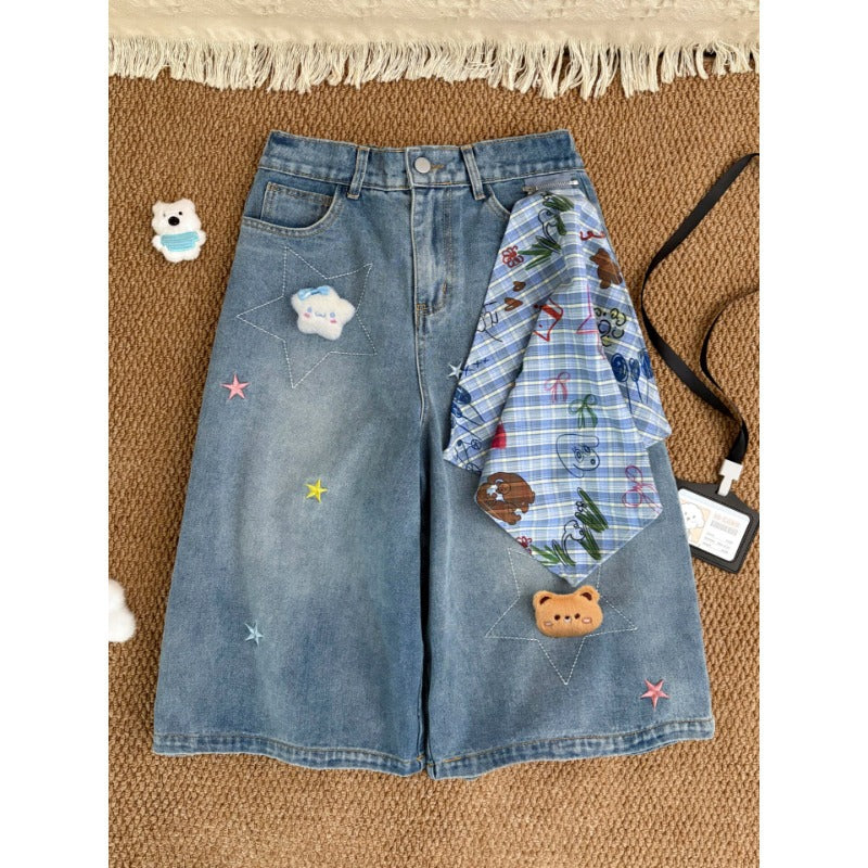 Bear Star Embroidery Plaid Scarf Wide Leg Denim Capri Pants