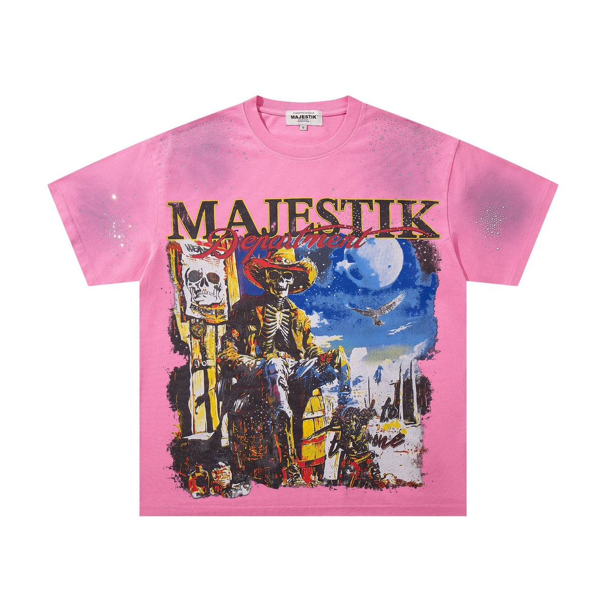MAJESTIK Pink Rhinestone Distressed Graphic T-Shirt