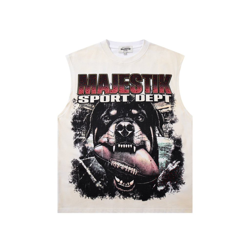 MAJESTIK Cream Distressed Rhinestone Sleeveless T-Shirt