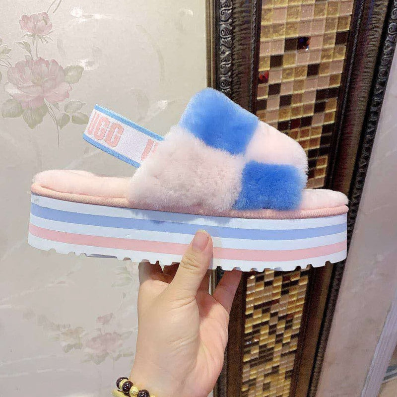 Pink Color-Block Fluffy Platform Sandals — New Arrival | In Stock