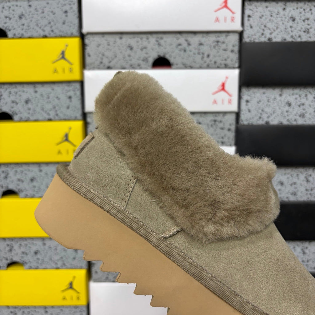 UGG Fold-Over Shearling Mule – Suede Open-Back Slipper with Oversized Shearling Cuff & Chunky Lug Platform Sole in Sage