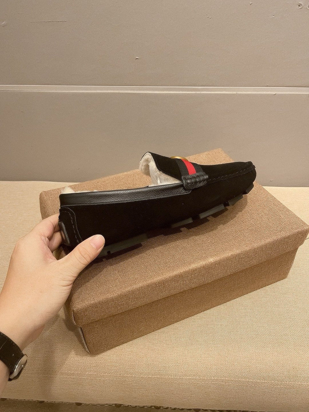 Gucci Men's Black Stripe Plush-Lined Loafers