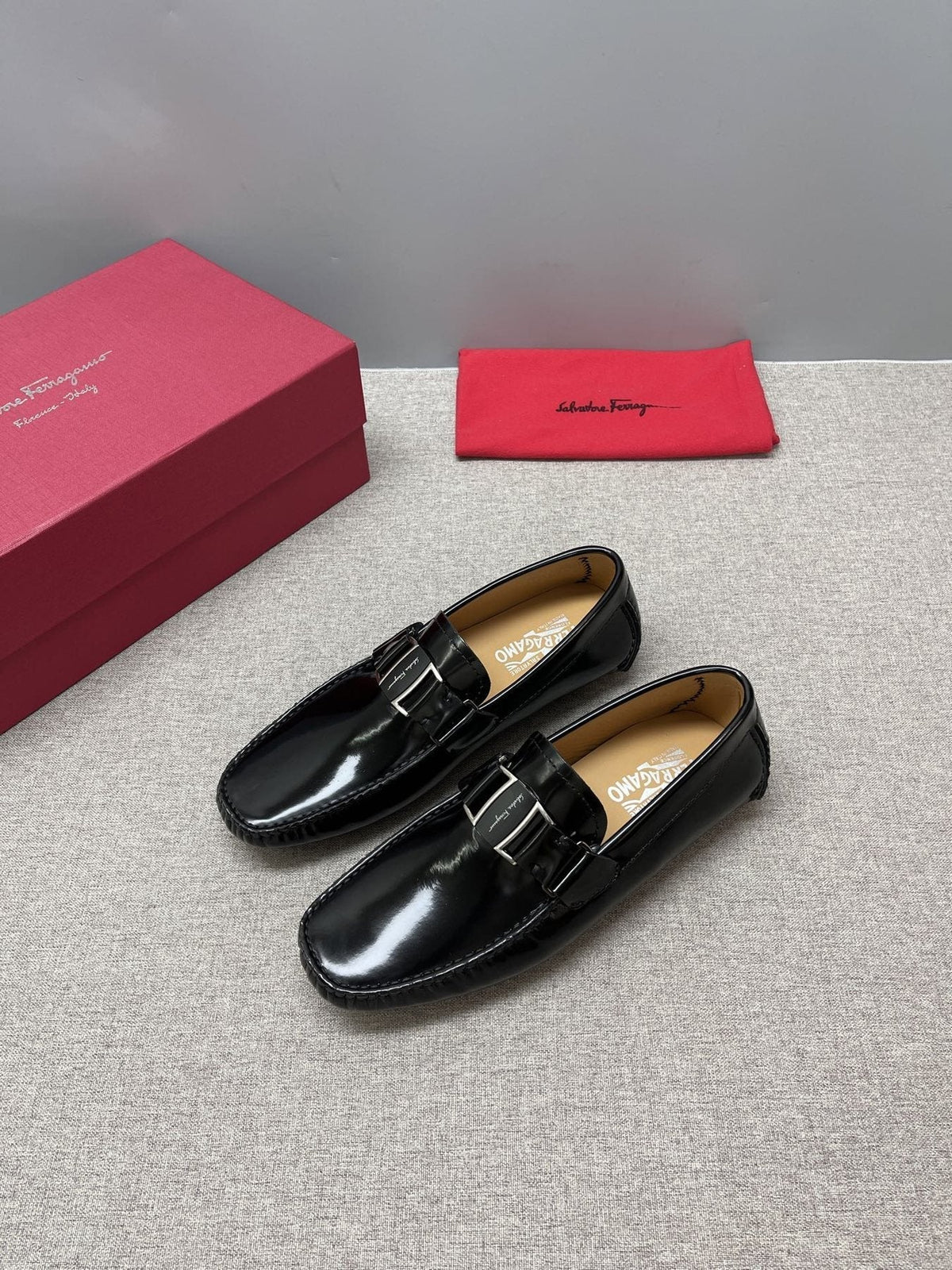 Ferragamo Men's Black Buckle Driving Loafers - Silver-Tone Hardware