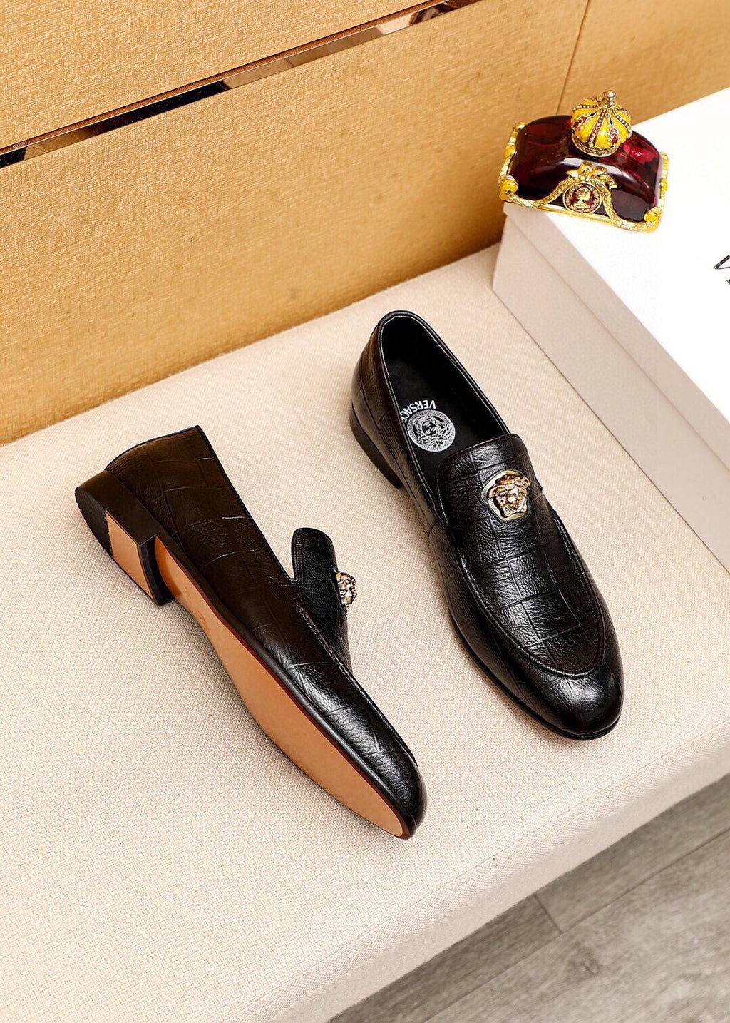 Versace Men's Black Embossed Hardware Loafers