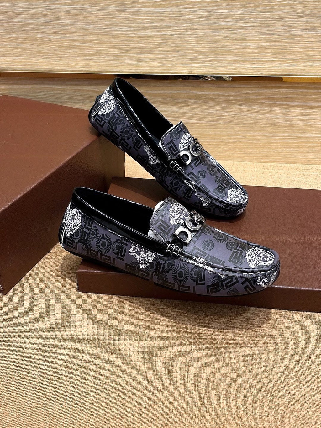 Versace Black and Gray Patterned Loafers