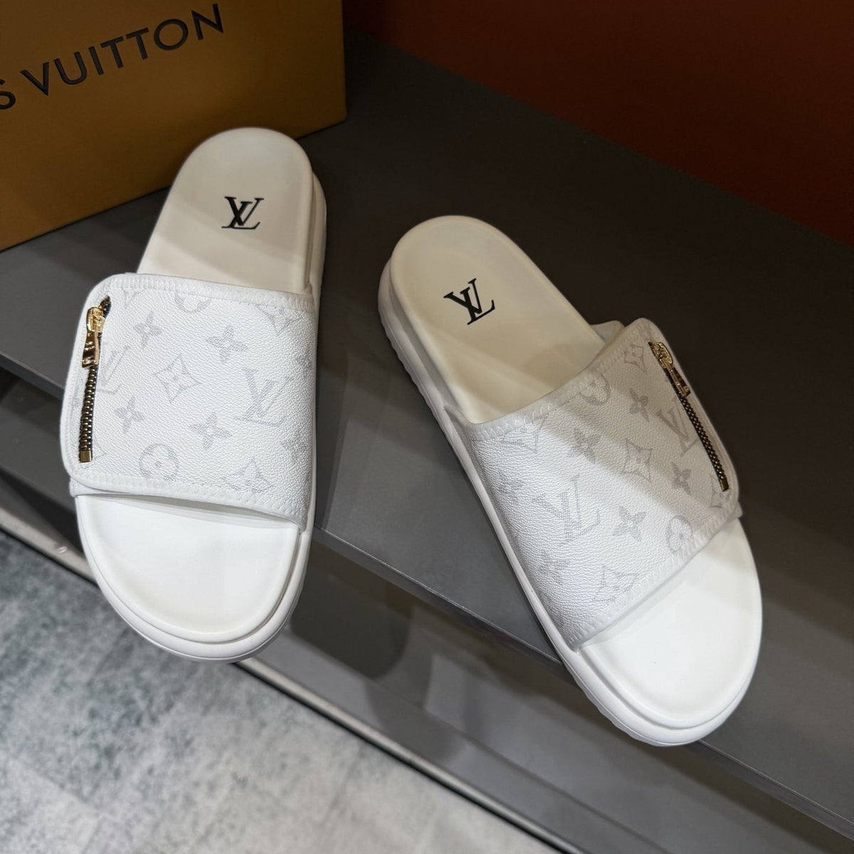 Louis Vuitton White Monogram Zip Slide Sandals