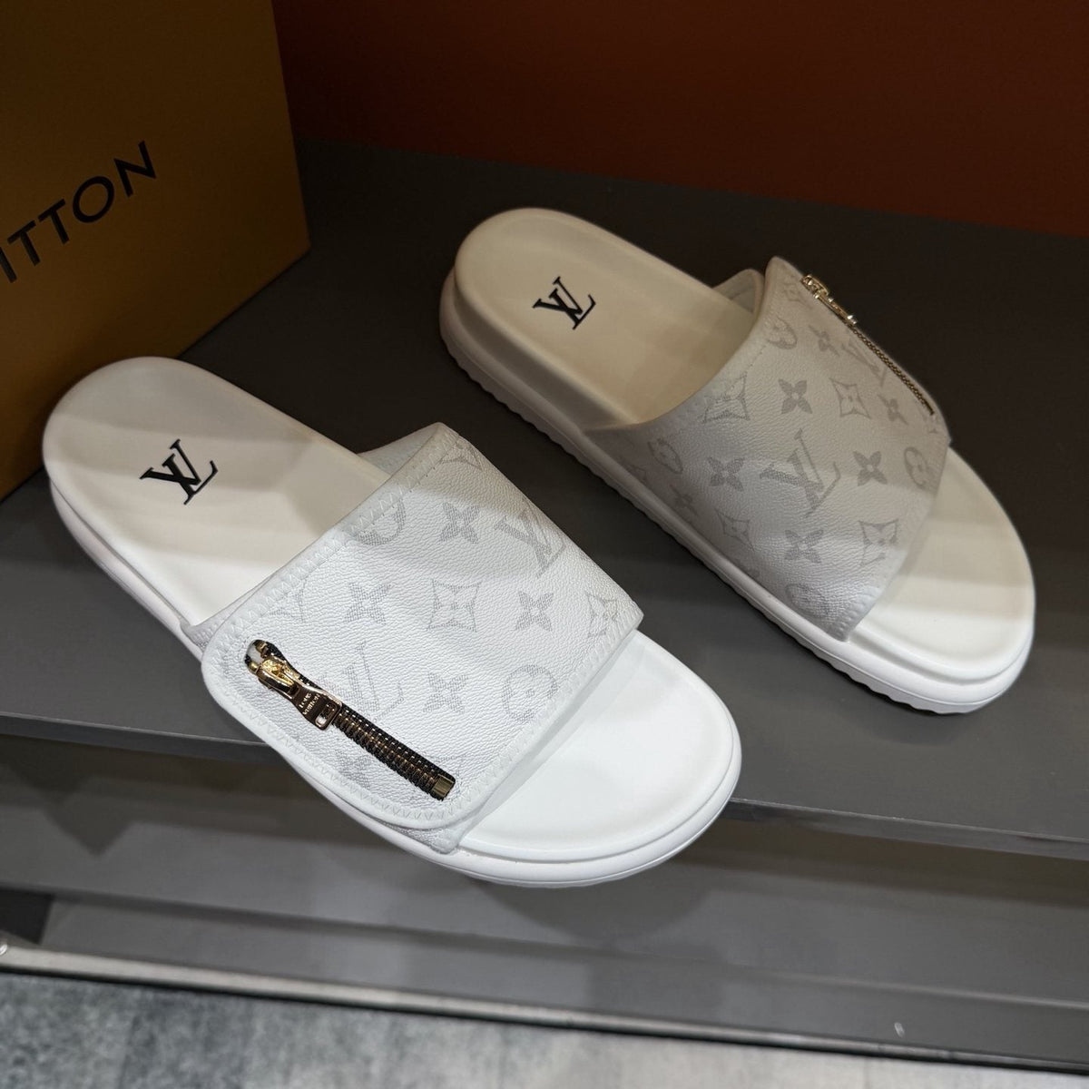Louis Vuitton White Monogram Zip Slide Sandals