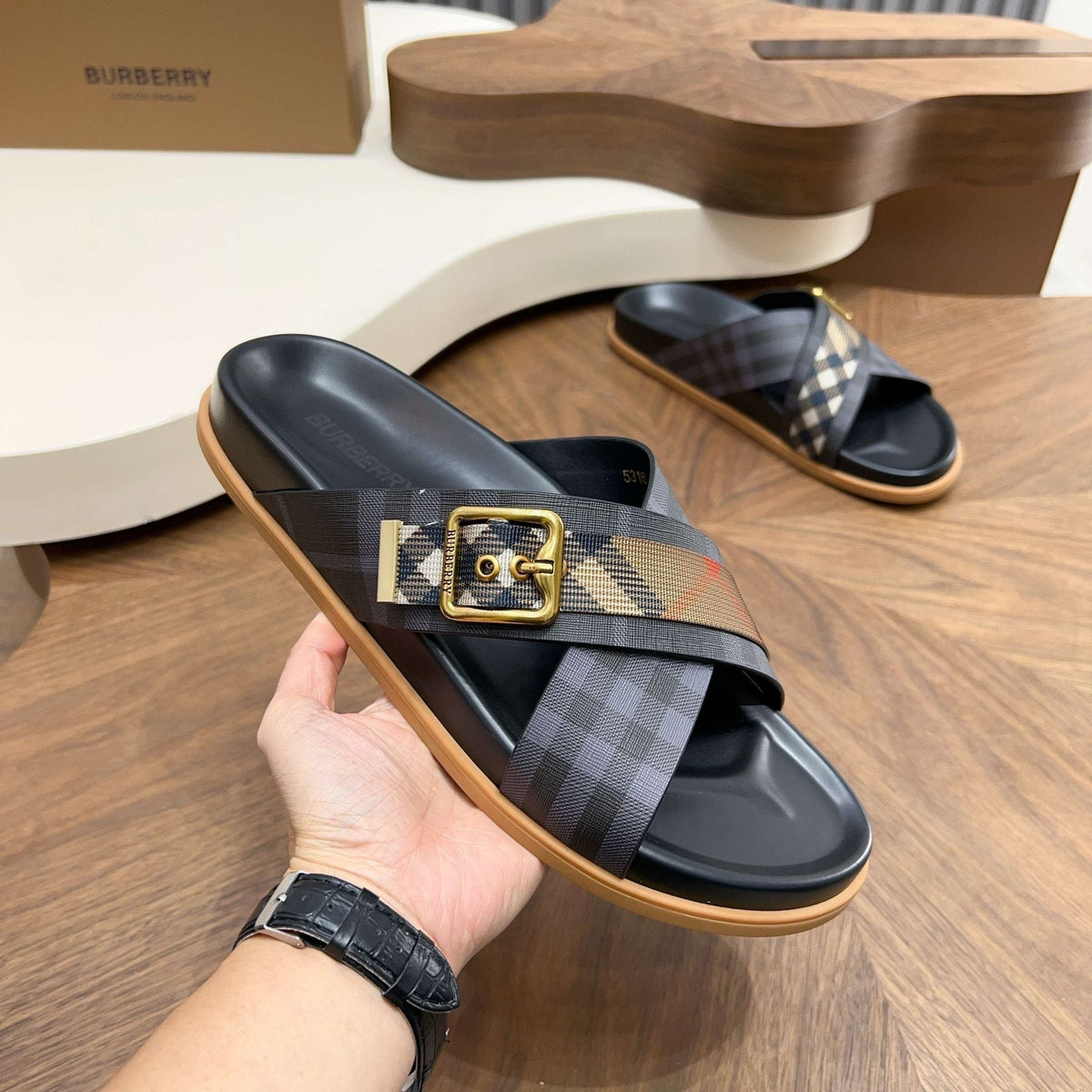 Burberry Charcoal Check Buckle Slide Sandals - Black and Charcoal Check