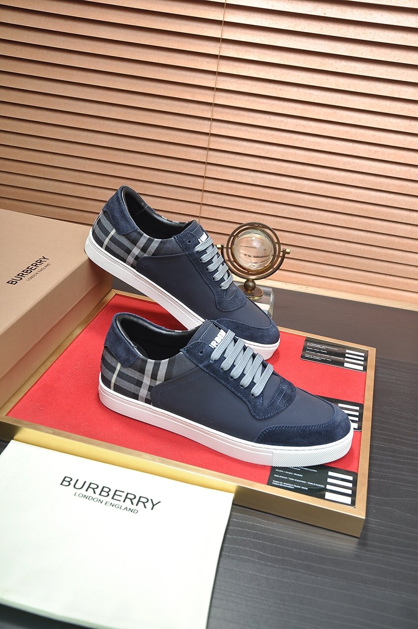 Burberry Navy Check Low-Top Sneakers - White Rubber Sole