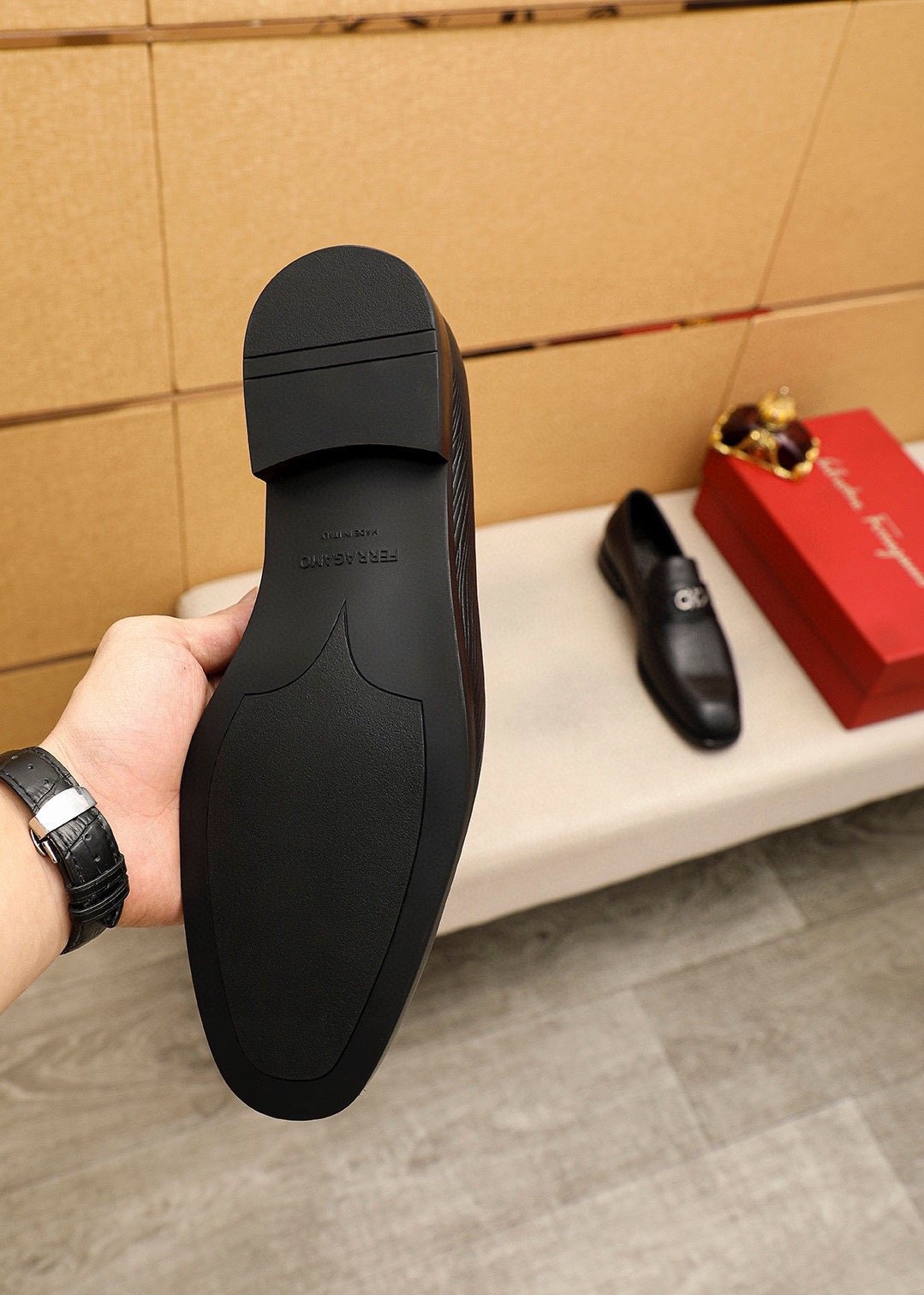 Ferragamo Black Textured Leather Loafers - Rubber Outsole