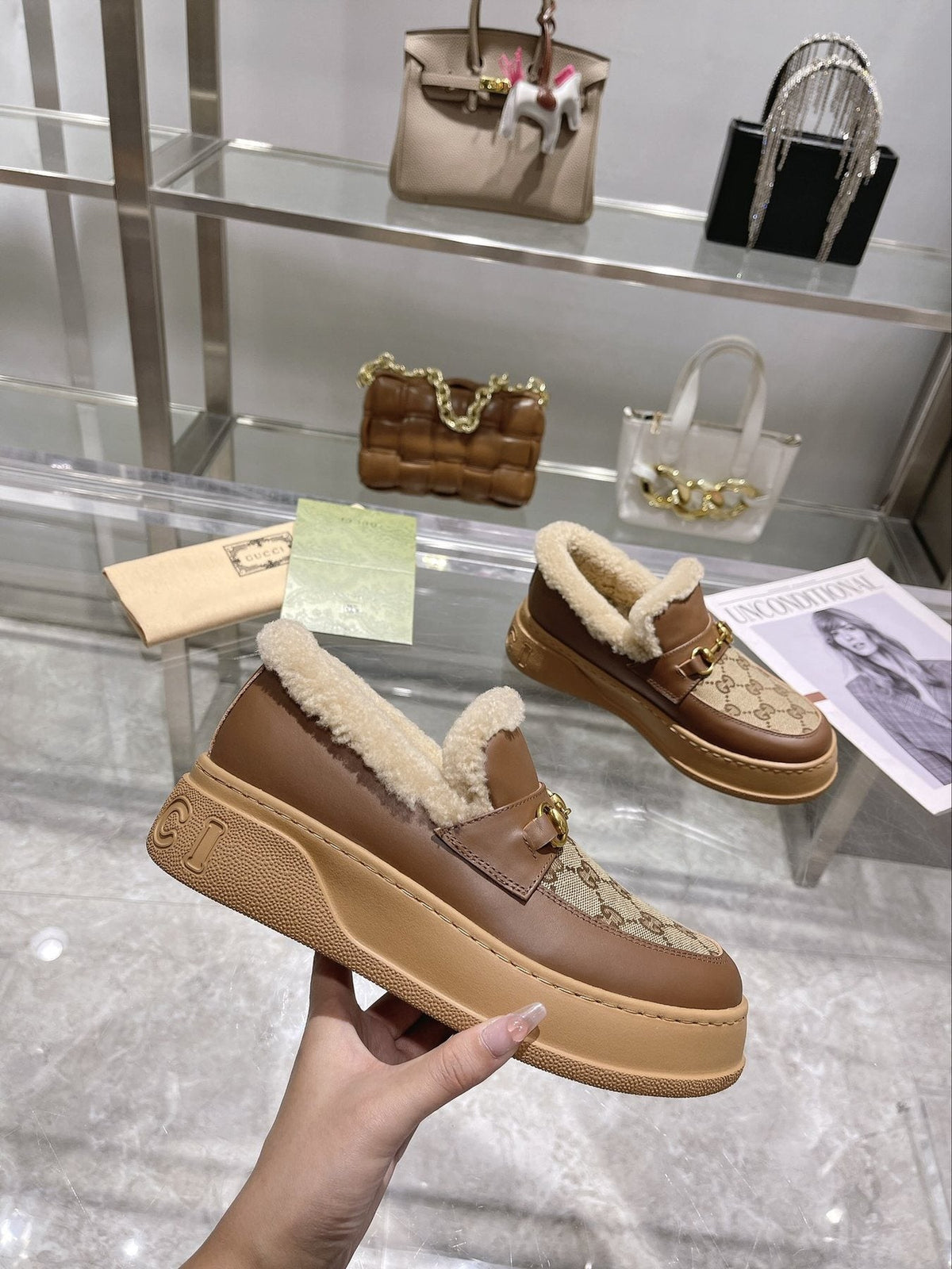 Gucci Patterned Plush-Trim Slip-On Snow Boots