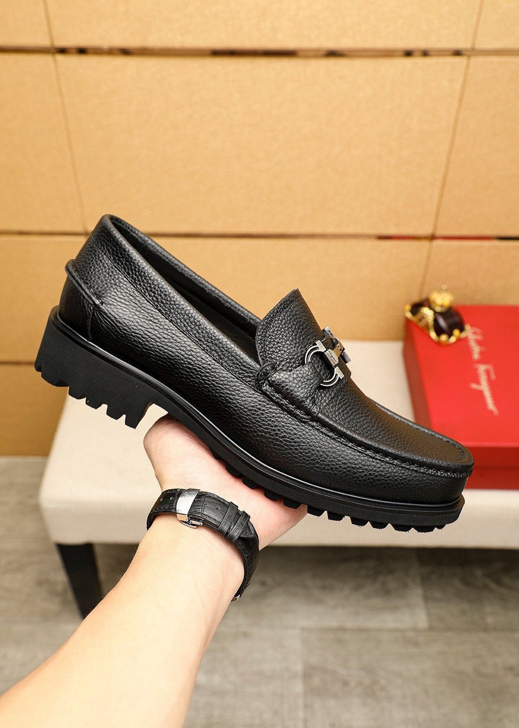 Ferragamo Pebbled Leather Lug Sole Loafers