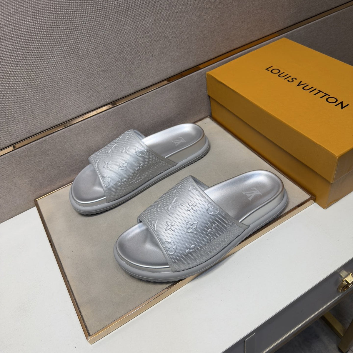Louis Vuitton Embossed Metallic Slide Sandals
